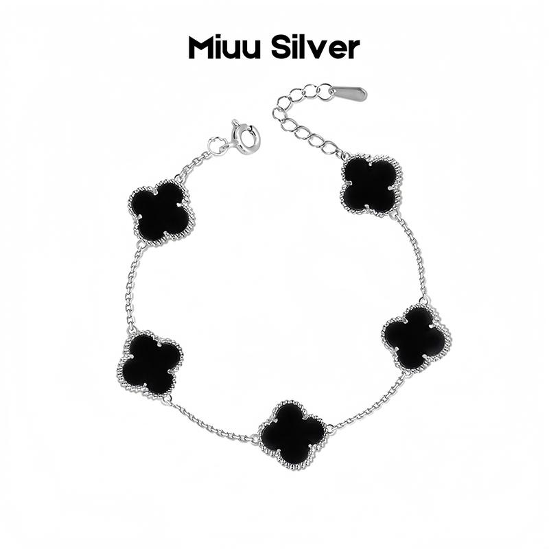 Vòng Tay Bạc Nữ Cỏ 4 Lá Đen Vòng Tay Nữ Cỏ 4 Lá Mã Não Đen Miuu Silver