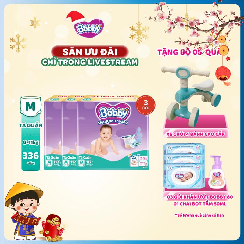 KOL COMBO 3-TẶNG: XE CHÒI 3 KHĂN ƯỚT 80M BỌT TẮM 50ML Bobby Tã bỉm quần M112 L96 XL84 XXL76 Siêu khô thoáng