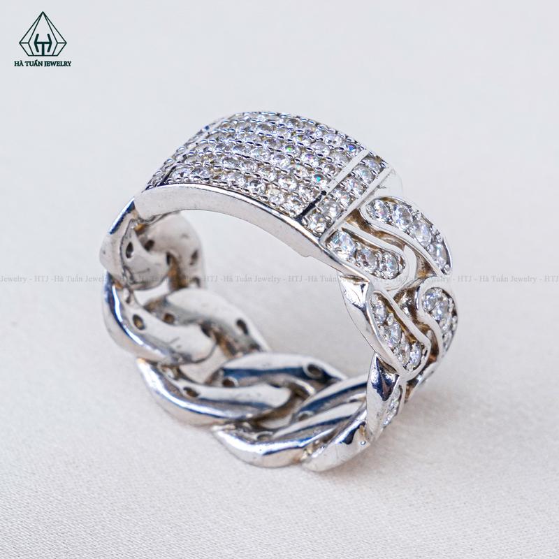Nhẫn Bạc 925 Xi Kim Kiểu Cuban Đính FULL Đá CZ RMX131 Hà Tuấn Jewelry