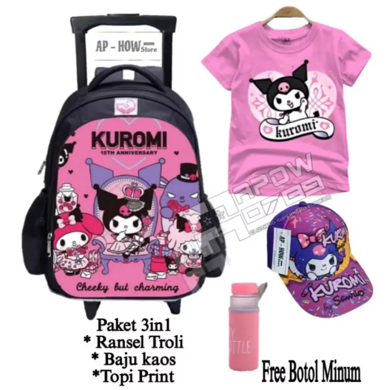 Paket Hemat Ransel Troli Anak Perempuan Motif Kuromi, Gratis Botol Minum, Tas Ransel Sekolah Anak Perempuan TK & SD - Fashion 3