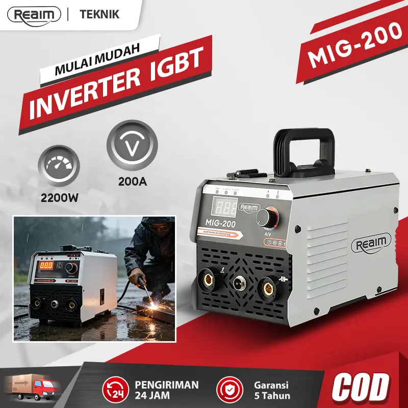 Reaim Mesin Las MIG-200 Inverter IGBT 2200W 200A Solder Listrik Set Lengkap, Mesin Las 450W Portable Tahan Air untuk Rumahan & Bengkel, Ada Timah Solder + Mata Solder, Cocok Pemula, Garansi 5 Tahun Kirim 24 Jam Bisa COD