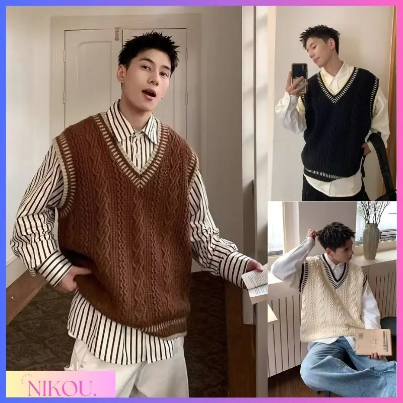 Thương Hiệu Thời Trang Mỹ NIKOU, Phong Cách Preppy, Áo Len Xoắn, Áo Len Vest Cổ Chữ V Thường Ngày Cho , Áo  Lê Dáng Rộng Rãi, Áo  Lê Dáng Rộng Hàn Quốc, Thích Hợp Cho Mùa Thu Và Mùa Đông, Áo Vest   xanh Dài Tay Sọc Menswear vest áo   lông áo vest  4 áo Sh