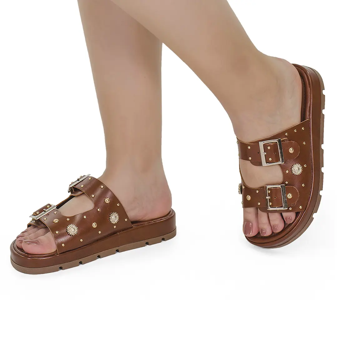 Sandália Rasteira Papete Flatform Rebite Fivela 052-040