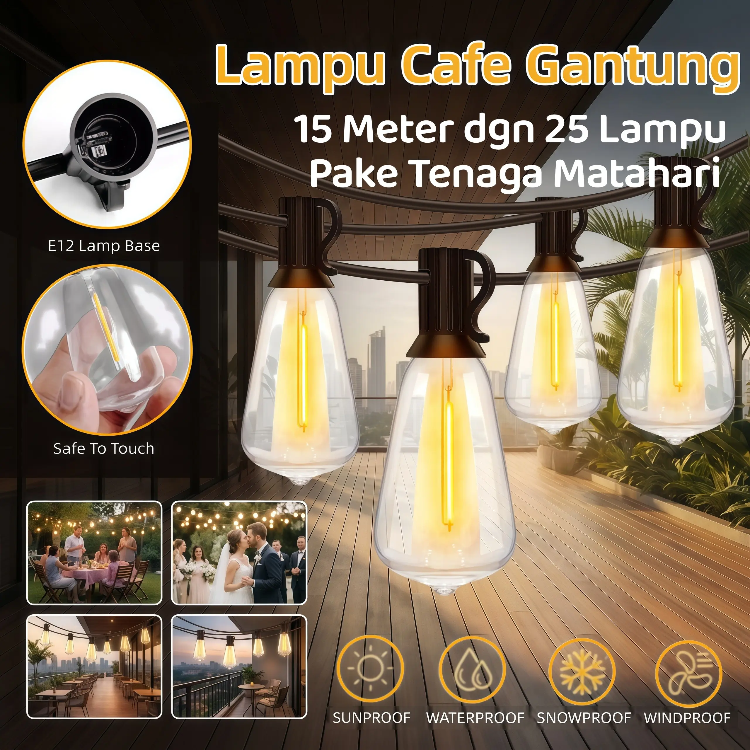 Lampu Gantung Outdoor 25 Bohlam LED 15 Meter Kuning  IP65Tahan Air Dekorasi Kafe
