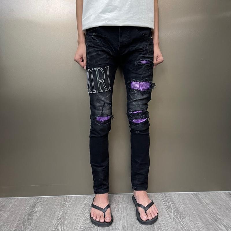 Quần jean ami đen xám vá đá tím thêu chữ da túi da bản siêu cấp hoótt neww 2025