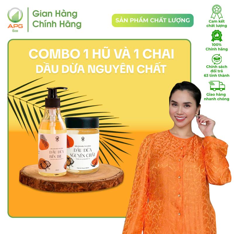 Combo 1 Hũ và 1 Chai Dầu Dừa Nấu Thủ Công APG ECO Chiết Xuất Từ Đặc Sản Bến Tre quy cách hũ chai 250ML 
