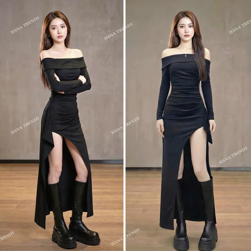  Đầm body maxi dáng dài trễ vai dài tay V197 thiết kế xẻ tà phối bèo xếp ly phần eo màu đen dự tiệc mặc đi đám cưới quyến rũ sang trọng sang chảnh 