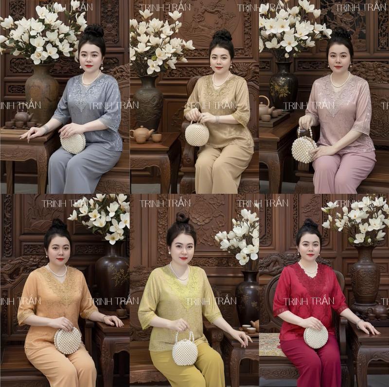 đồ bộ trung niên cho mẹ mẫu CỔ TIM REN GẤM tay lỡ quần dài bộ gồm áo và quần món quà tặng mẹ.