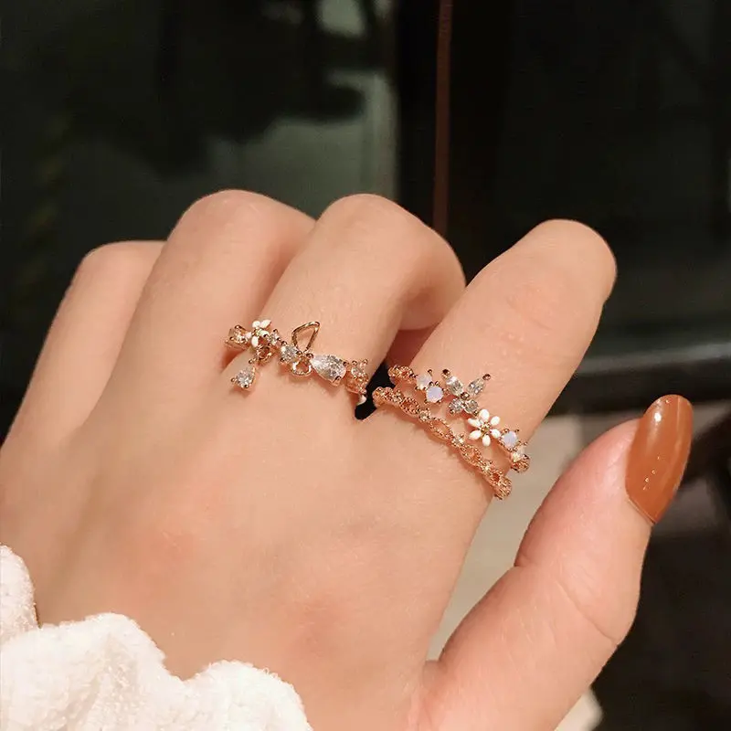 Miffy - [3 PCS] Set Cincin Titanium Wanita Gaya Terbuka Fashion Aksesoris Ring Zircon Open ring 1