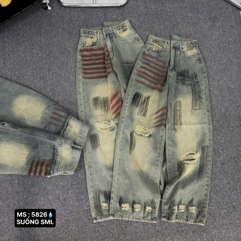 S - 2XL Dài 103cm Quần Jeans Suông Nữ Lưng Cao Rách Nhẹ - Phối Sơn Cá Tính Chất Jean cotton mềm mỏng đẹp không giản. 5826