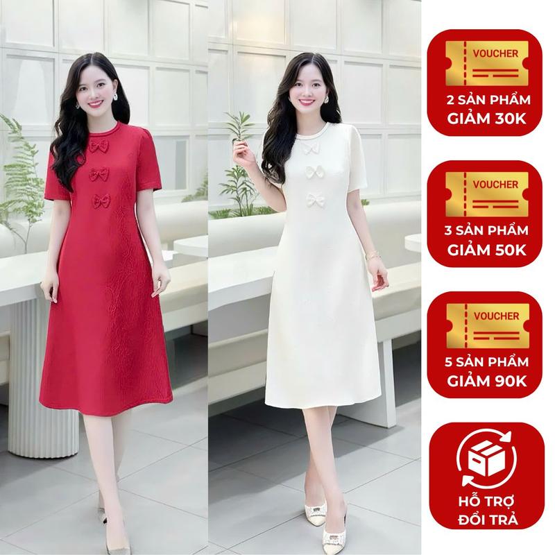  Đầm váy suông dự tiệc nữ thiết kế Nhật Vy cổ tròn tay ngắn dáng xoè đính nơ ngực dễ thương - D3216 