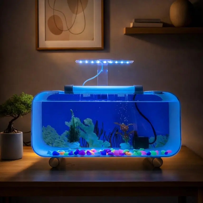 Aquarium Mini Akrilik Full Set 35cm Air Terjun + Lampu Hias – Tinggal Pakai untuk Cupang & Ikan Hias