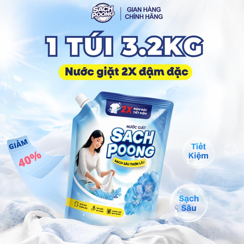 Nước Giặt 2X Đậm Đặc Sach-Poong Túi 3.2kg - Sạch Thơm Lành Tính, Dùng Cho Máy…
