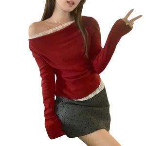 Asymmetrical Shoulder Lace Patchwork Long Sleeve Top for Women, Fall Winter Inner Layer Outerwear, Beautiful Casual Blouse 7969 # Basic Minimalist Shirts Womenswear