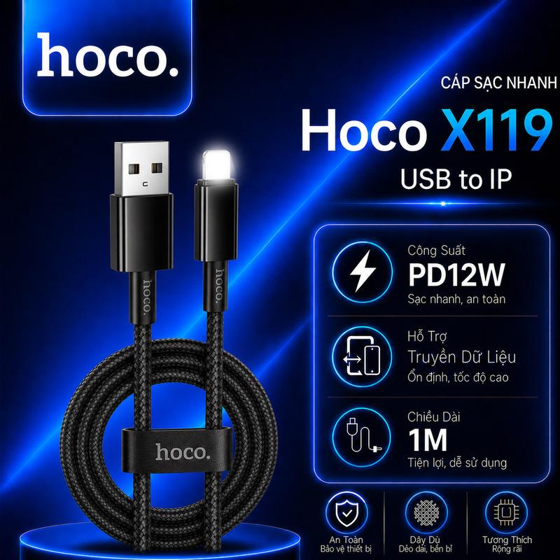 Cáp sạc PD12W Hoco X119 USB to IP dùng cho ip14 trở xuống dài 1M