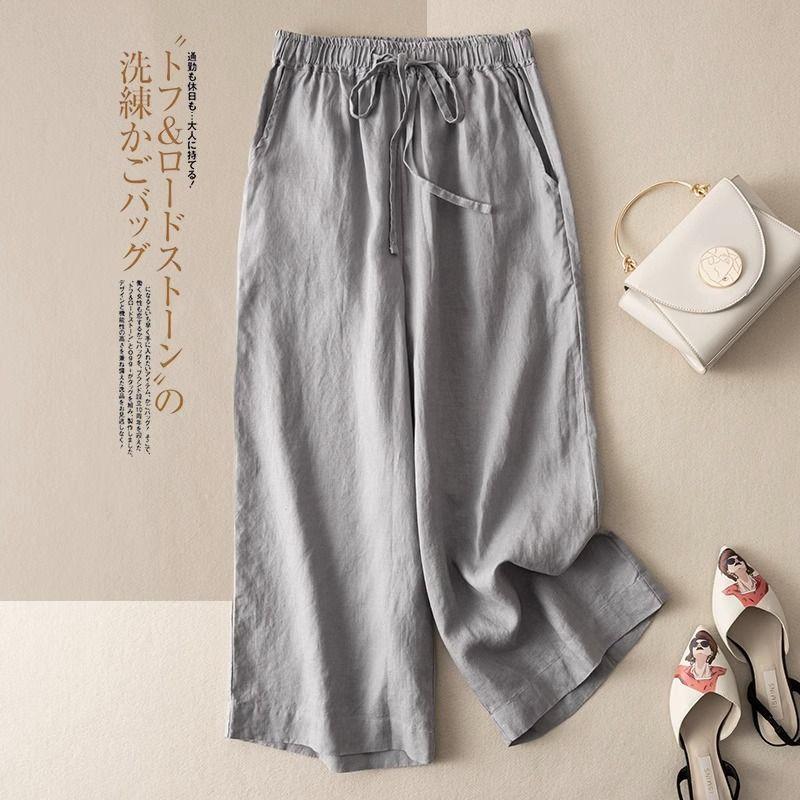 Quần nữ cotton và lanh quần cắt mỏng thoáng khí mới mùa hè quần ống đứng dáng rộng cạp cao thường ngày ống rộng xếp nếp 3