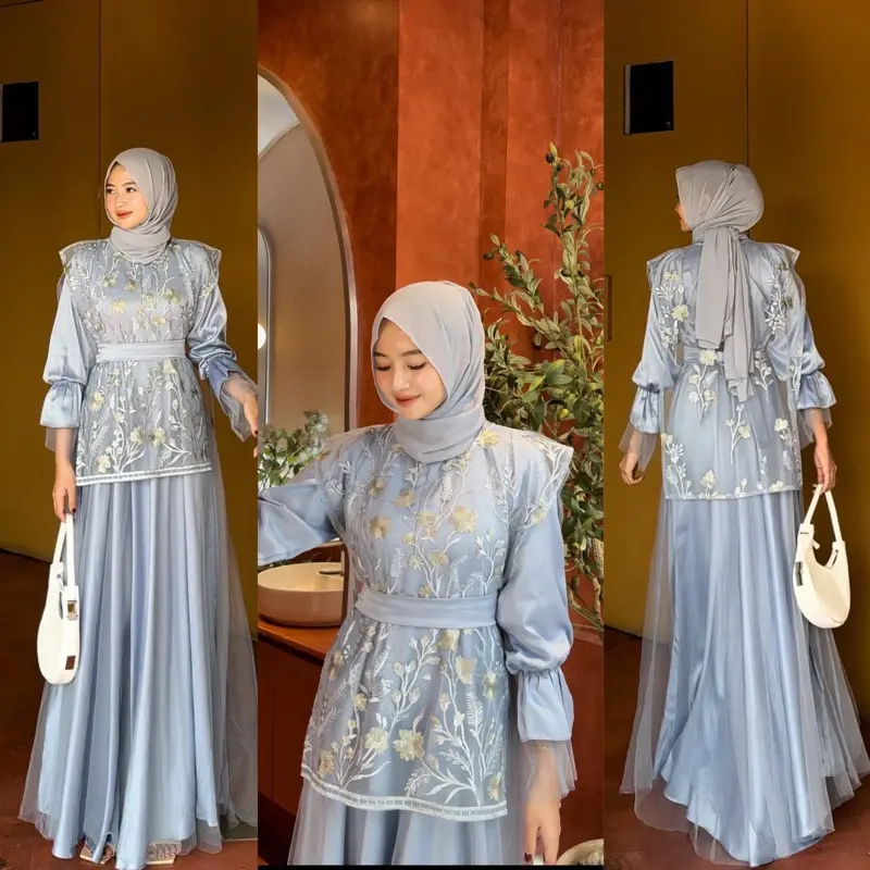 Amanda Mall - Felarie Set Dress Bahan Satin Velvet Mix Brukat Tille Garden - Dress Kondangan Bridesmaid - Gaun Pesta Mewah Elegant - Gamis Wanita Muslimah Model Terbaru