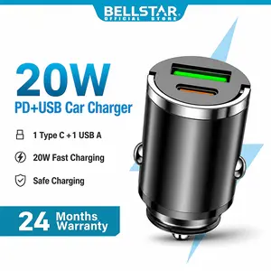 BELLSTAR Charger Mobil Mini 20W PD USB Type C Dual Port Fast Charging Car Charger Flush Fit Low Profile untuk iPhone Samsung Xiaomi Redmi Infinix Oppo Vivo Realme HP Android Powerbank Adaptor Cas Mobil Compact Universal 12V 24V Kepala Charger Mobil