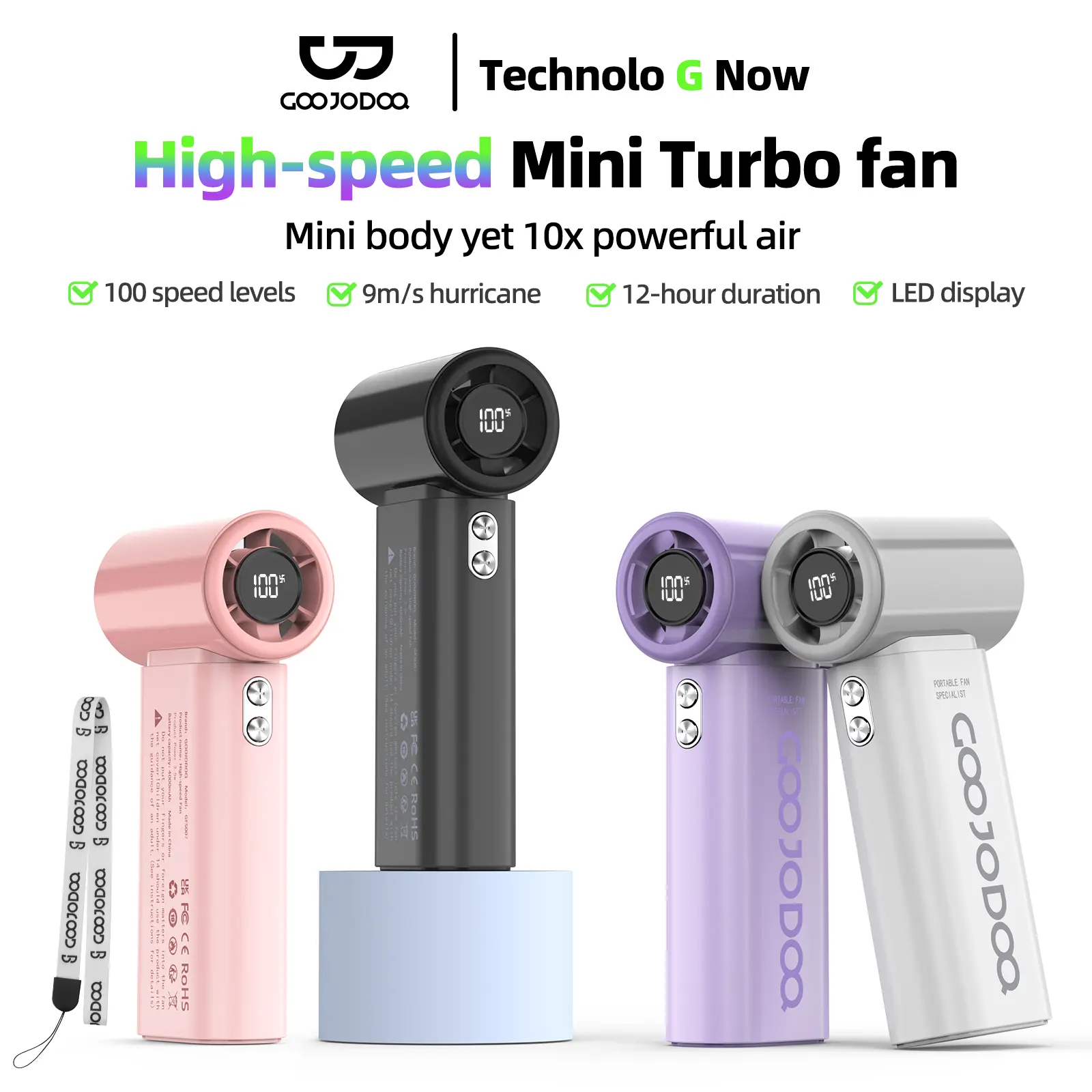 [Roger eksklusif Chika] GOOJODOQ GFS007 Mini Portable Fan Mini Jet Fan 4000mAh Working Time Up to 12 Hours USB Rechargeable Personal Fan Ultra-light 100 Speed ​​Levels