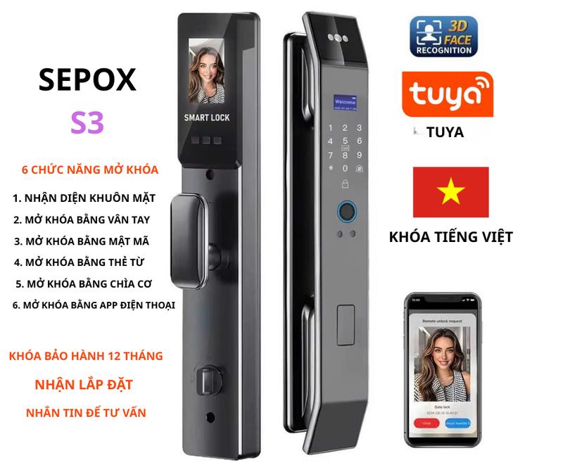 Khoá nhận diện khuôn mặt SEPOX S3 App Tuya Tiếng Việt Mở khóa Face ID & vân tay Chống nhìn trộm Màn hình HD Chức năng cảnh báo đột nhập