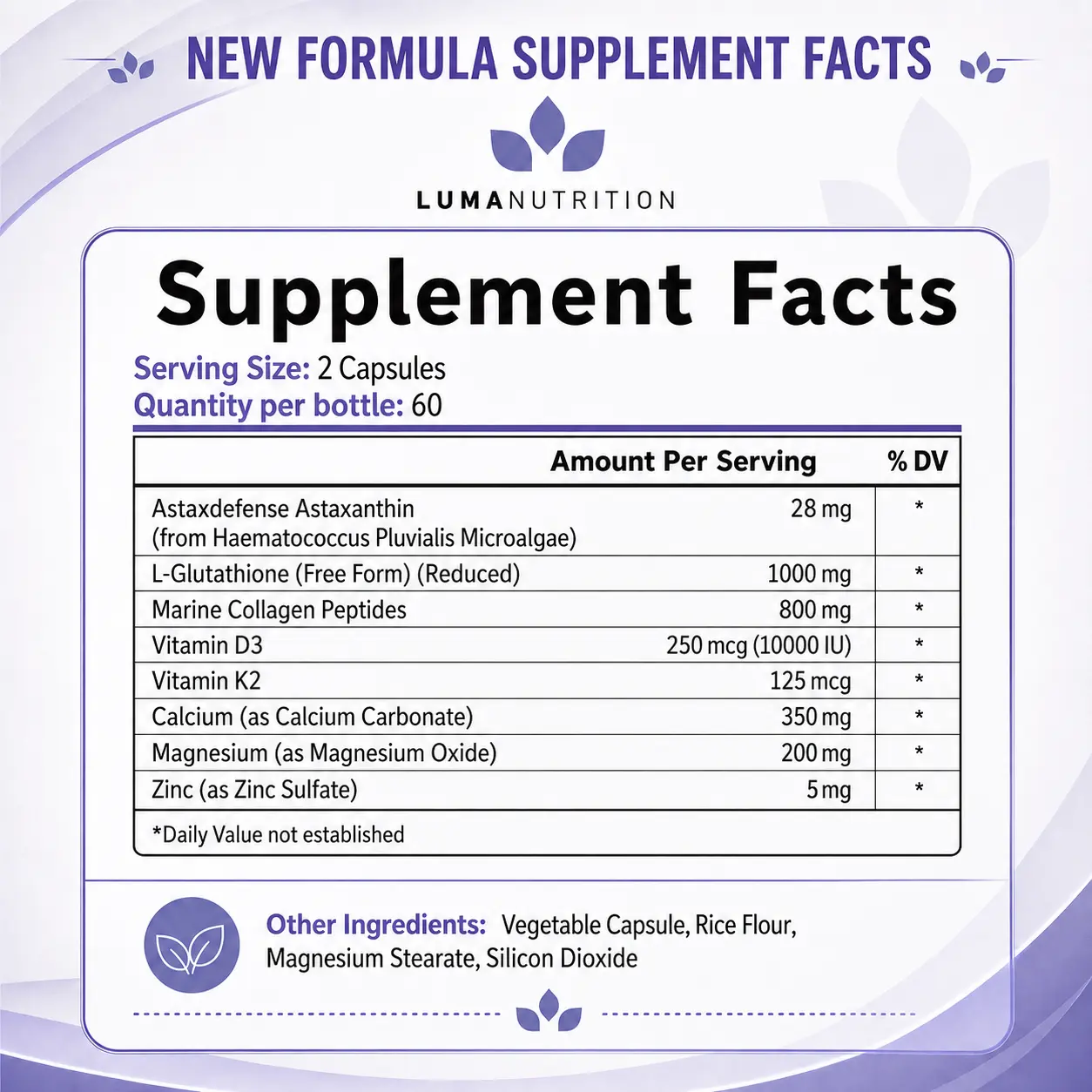 glutathione luma nutrition ASTAXANTHIN COLLAGEN+VITAMIN D3K2,with calcium magnesium zinc 60 capsules - Shop Aurora Nutrascience Micro-Pack+®, Liposomal MG:10 dog