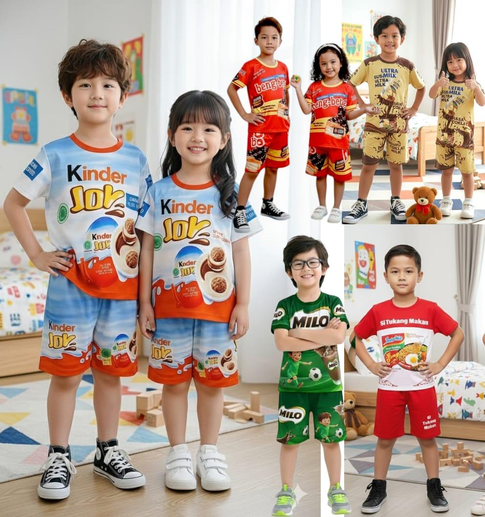 Setelan Anak Harian Viral Terbaru Limited Edition Motif Makanan Mie goreng dan gambar Minuman untuk Usia 1-10 Tahun Desain Unik Nyaman dan Senang Dipakai