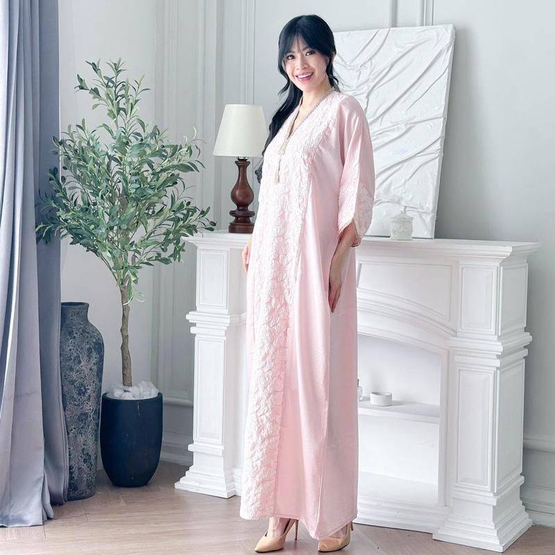 Vay Abaya Satin Soft Pink | Kaftan Abaya Dress Satin Wanita Lebaran Terbaru 4