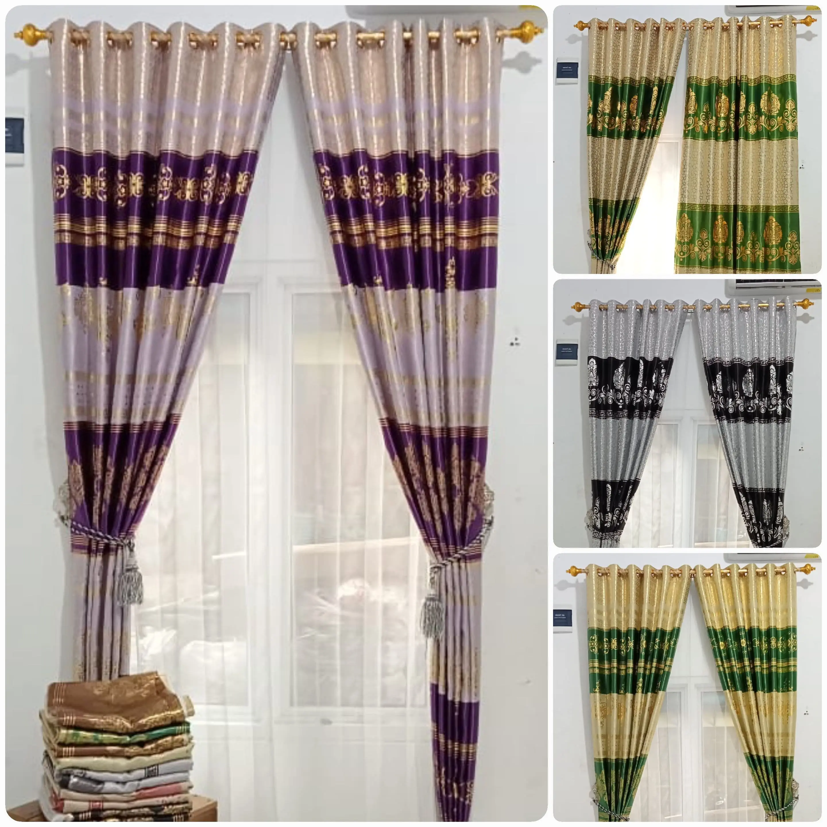 Gorden Bludru Print Emas Egypt Hordeng Tirai Kamar Tidur - Model Smokring 12 Lubang 6 Gelombang/Lipetan - Curtain