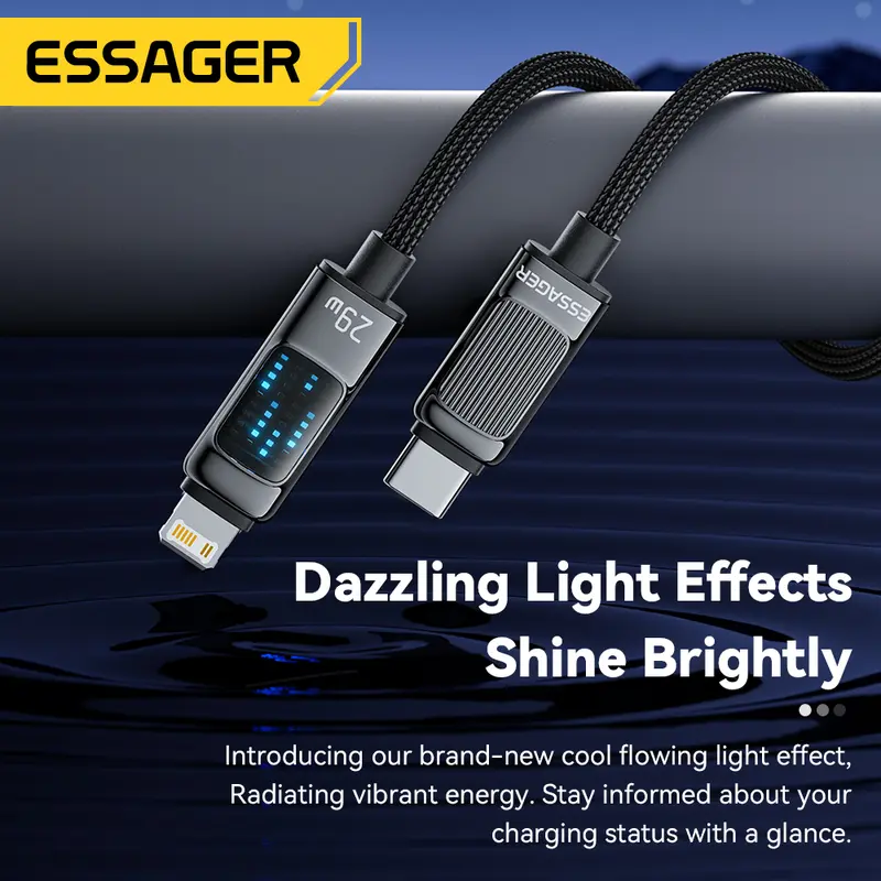 Essager PD29W Type C to Lightning LED Display Cable Fast Charge For iPhone14/13/12/11/8 Pro Max XS PD Fast Charging Type-C To Lightning 29W Cord For IOS Phone Tablet iPad AirPods iPod LED Display Wire 3