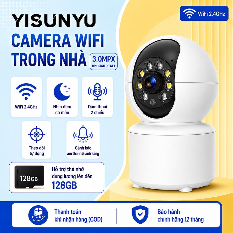 {YISUNYU} Camera WiFi Trong Nhà 3MP, Xoay 355° & 90°, WiFi 2.4GHz, Nhìn Đêm Có…
