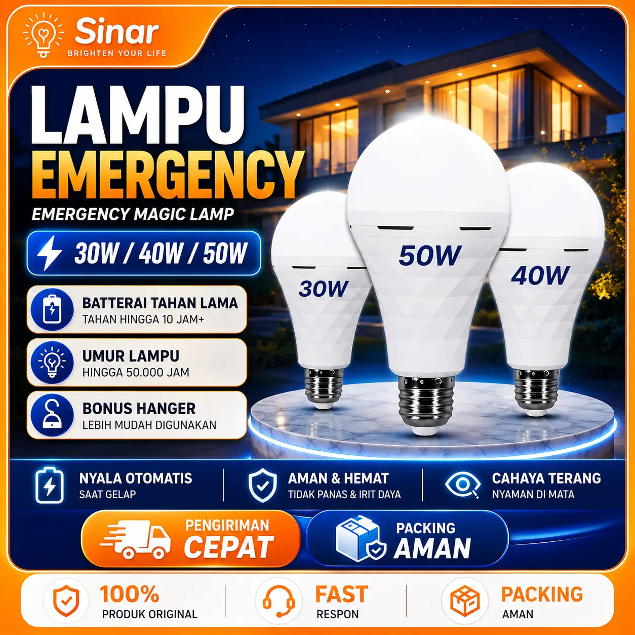 Sinar Lampu LED Emergency Bohlam Bulb A 50W 40W 30W 15W Putih Terang Tahan Lama Daylight Hemat Energi 98% SNI Original Indonesia - Baterai