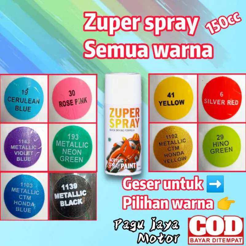 Cat semprot 150cc zuper spray semua warna pilox pilok cat semprot spray paint merah biru kuning hijau hitam clear silver bronze coklat pink black blue putih white yellow