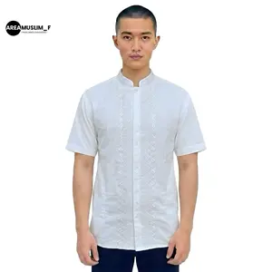 Baju Koko Putih Pria Dewasa Motif Bordir Premium Lengan Panjang Areamuslimf P06