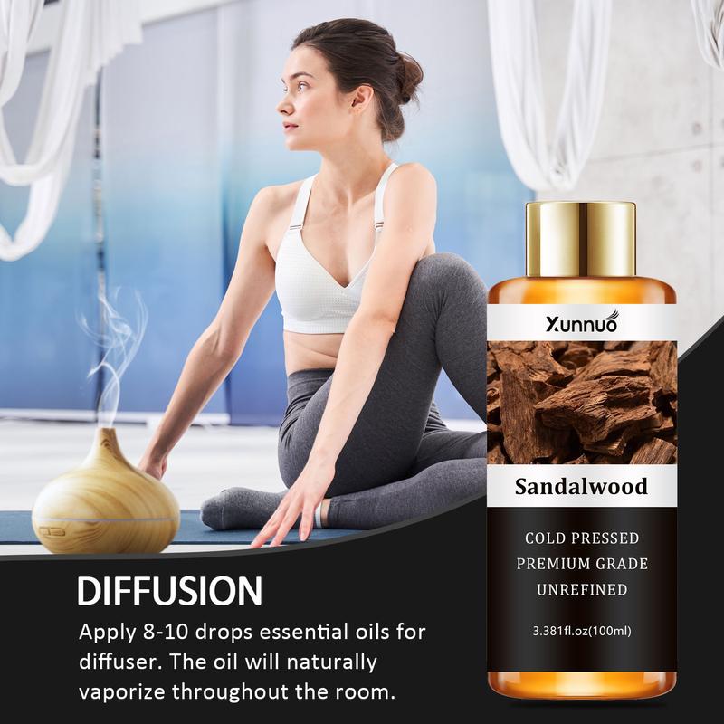 Product Introduction of 3.381fl.oz Sandalwood body massage essential oil, facial essential oil, rich sandalwood extract, moisturizing skin, use after massage, bath, diffuser humidifier, meditation and relaxation, 1