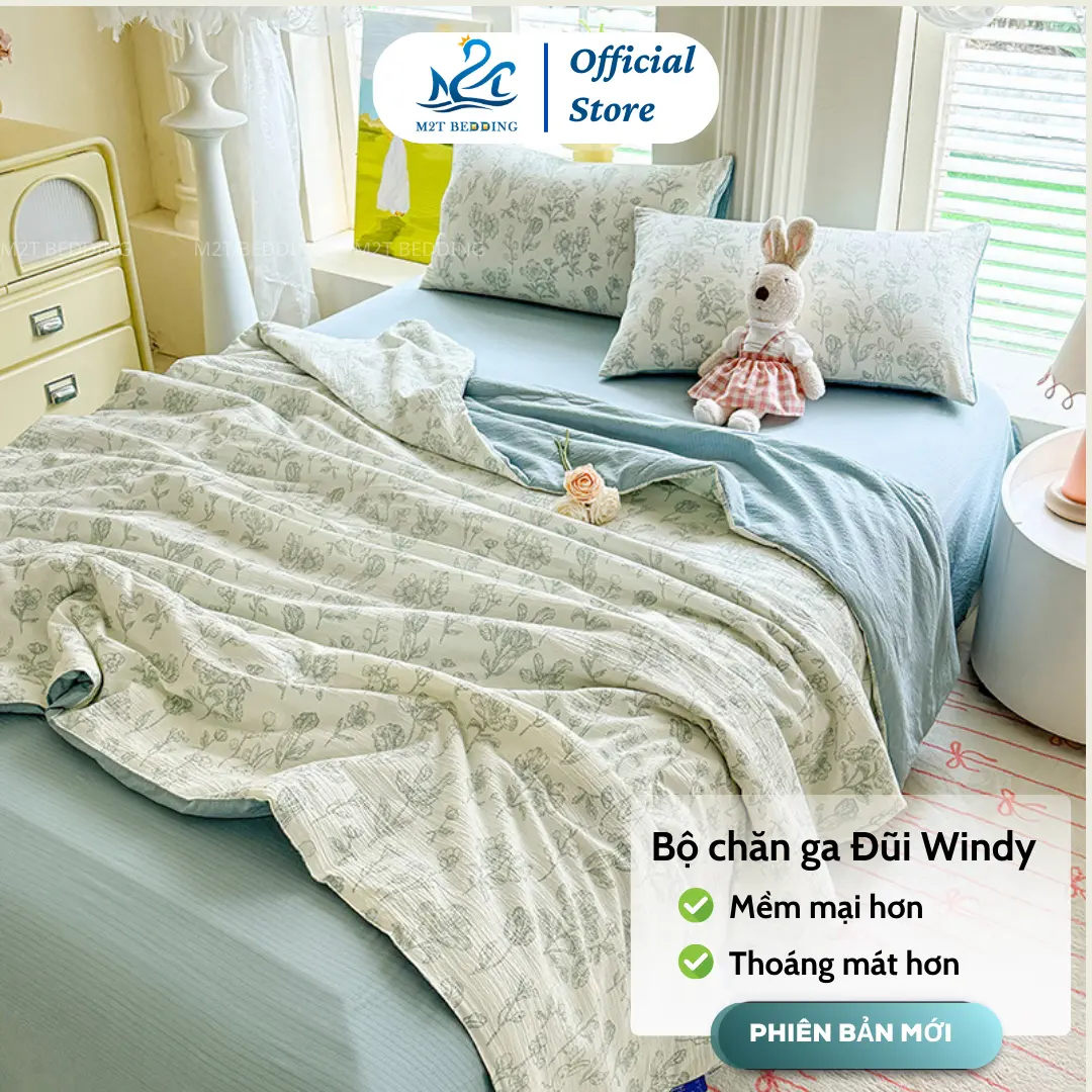 Bộ chăn ga gối cotton đũi Windy M2T BEDDING gồm 1 ga giường, 2 vỏ gối nằm và 1 chăn hè chần bông mềm mại, thoáng mát, thấm hút mồ hôi