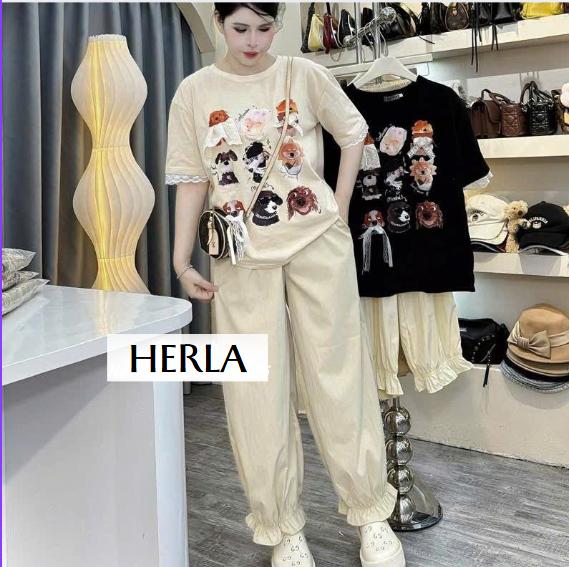 { DEAL MỞ BÁN } HERLA set đồ bộ nữ sang chảnh quần dài MẪU MỚI áo phông họa tiết hoa văn quần chun ống cho mùa hè