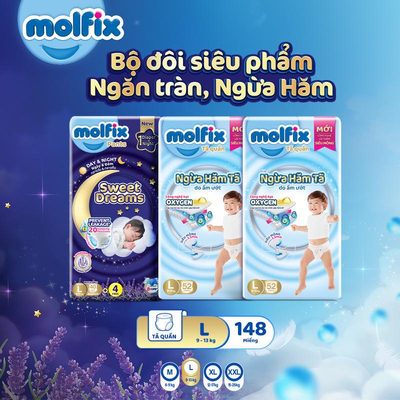 Tặng Balo Capybara Combo 2 Ngày 1 Đêm_2 gói Tã bỉm quần Molfix Oxy Super Jumbo + 1 gói Molfix Sweet Dream chống tràn đủ các size M,L,XL,XXL