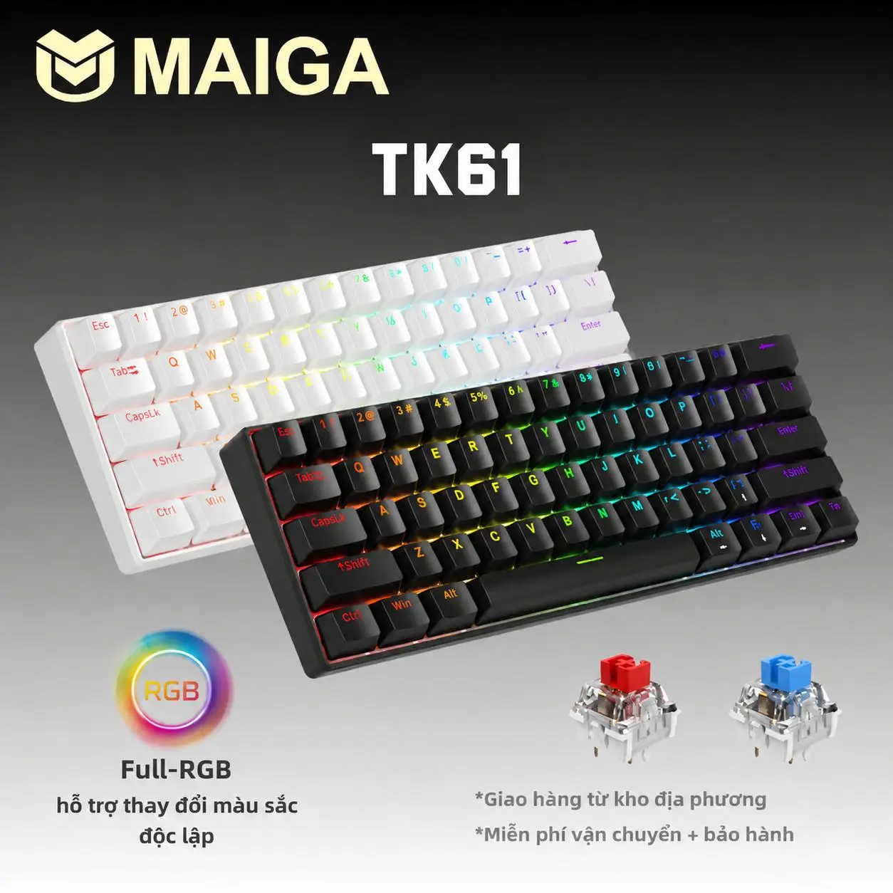 【Giao hàng từ Việt Nam】 Bàn phím cơ MAIGA TK61.and K61PRO full-RGB, hỗ trợ tùy chỉnh màu đènđộc lập, 17 chế độ ánh sáng, bàn phím chơi game và văn phòng, bố cục 60% hỗ trợ thay switch, tất cả các phím không xung đột, hỗ trợ WIN / MAC, quà tặng cho bạn tốt