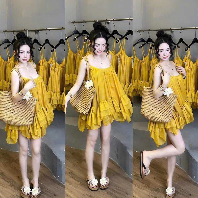 Đầm Xòe Nữ Tiểu Thư 2 Dây Baby Doll Thân Váy Phối Bèo 2 Lớp Có Quần Trong Tôn Dáng Sang Chảnh Nữ Tính Dịu Dàng Thanh Lịch Sang Trọng Dễ Thương  - Free Size - Women Top 