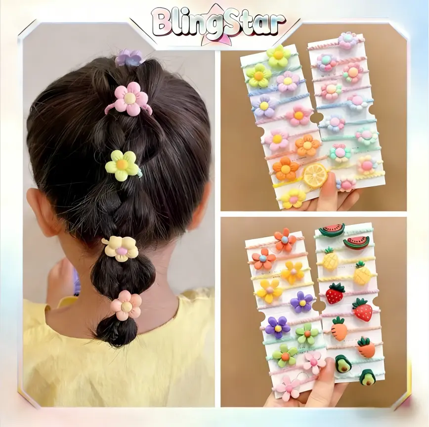 BlingStar Set Ikat Rambut Anak Perempuan Korea 10 Pcs Tali Rambut Lucu C111 Motif Mahkota Buah Bunga Ungu Es Krim Dasi Kupu-kupu Akrilik Kain Nyaman untuk Usia 4-12 Tahun - Fashion