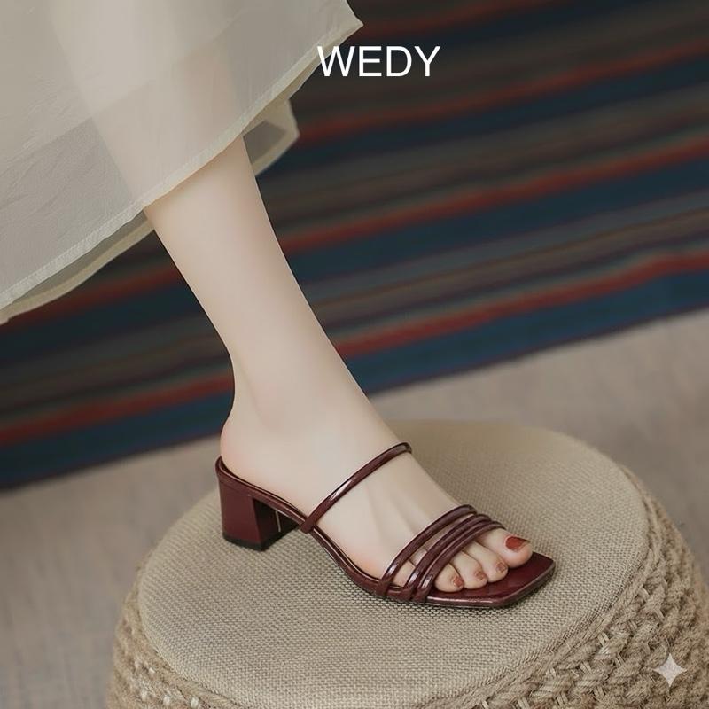  HÌNH THẬTDép cao gót Nữ cao cấp phối dây quai mảnh cao 5cm da vân xước WEDY2380 Dép guốc nữ quai ngang trần chỉ mũi vuông sang trọng Dép nữ xinh đi chơi giày nữ cao 5 phân 