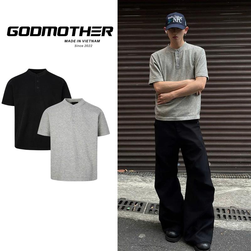 Áo Thun Cổ Trụ GODMOTHER Áo Thun Trơn Phối Cúc Basic Áo Phông Cộc Tay Cổ Henry Phong Cách Lười Cổ Điển Kiểu Mỹ