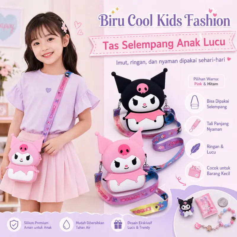 Biru Cool Kids Fashion Tas Selempang Anak Jelly Karakter Lucu Kuromi Labubu Melody Style Mini Bag Imut Untuk Anak Perempuan