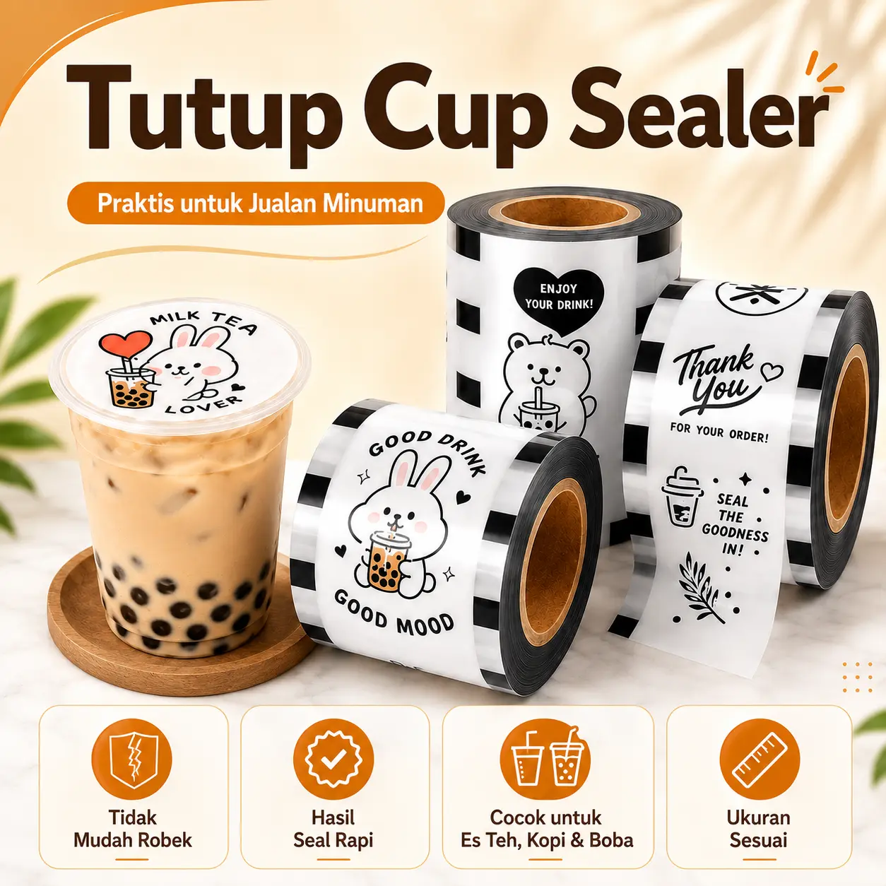 Tutup Segel Plastik Isi [1200, 2000 Pcs] Cup Sealer Lid / Plastik Penutup Gelas Kopi Teh / Plastic Cup Sealer / Plastik Seal Cup / Cup Sealer Premium / Cup Sealer Roll - Bahan Premium