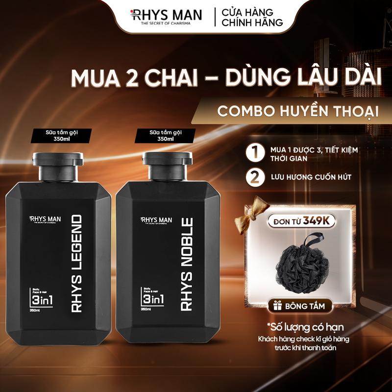 Bộ hai chai sữa tắm gội Rhys Man giúp làm sạch sâu và thơm lâu cho nam 3in1 Rhys Legend & Rhys Noble