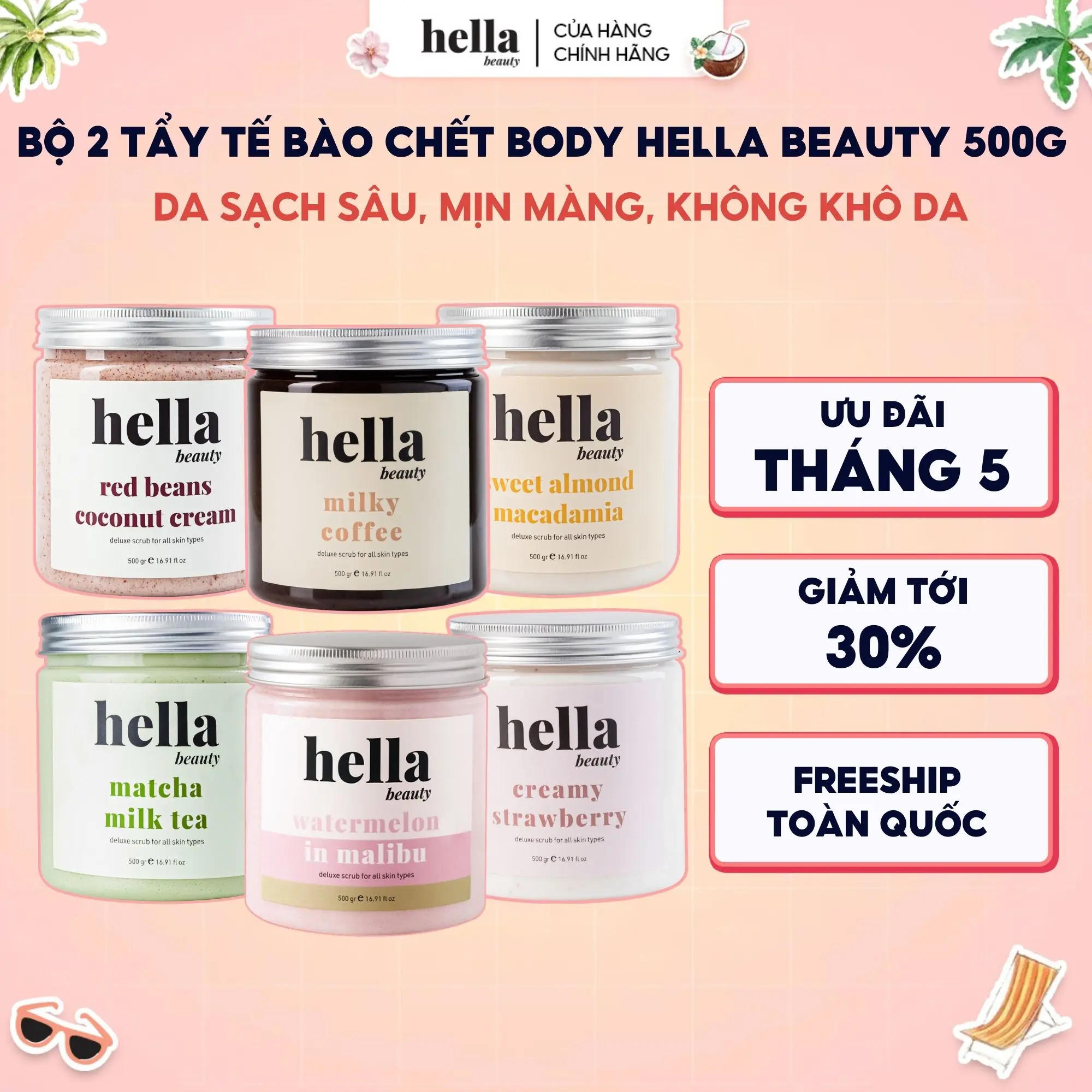 Bộ 2 Tẩy Tế Bào Chết Body Hữu Cơ Hella Beauty 500g Dưỡng Da Body