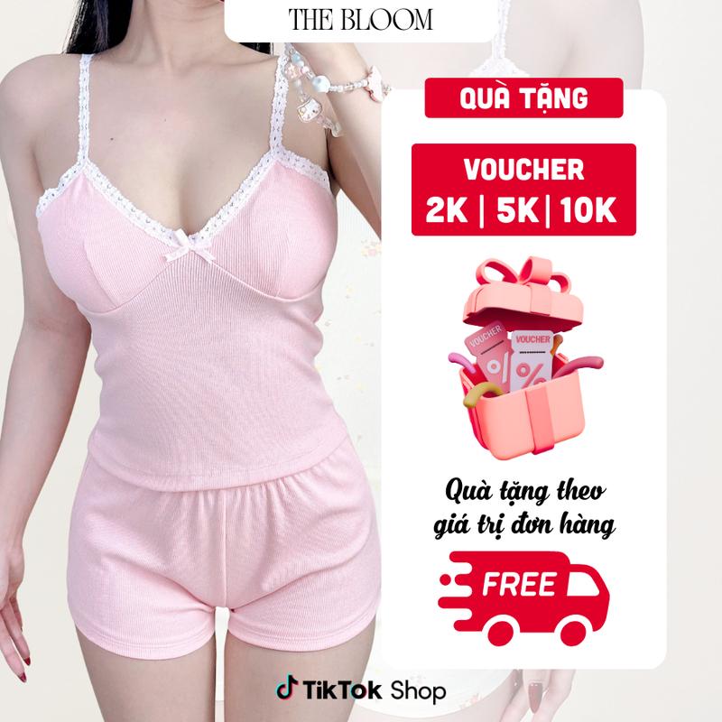 THE BLOOM [CÓ MÚT] Set Ngủ Nữ áo 2 Dây Cổ Tim Viền Ren Có Sẵn Mút Mềm Và Quần Mini Ngắn Ôm Body Chất Gân Cotton Lụa, Ngủ Nữ Ôm Body - SE028 victoria secret  pajamas   ngủ  thun  tăm  2  dây         có  đệm  mút