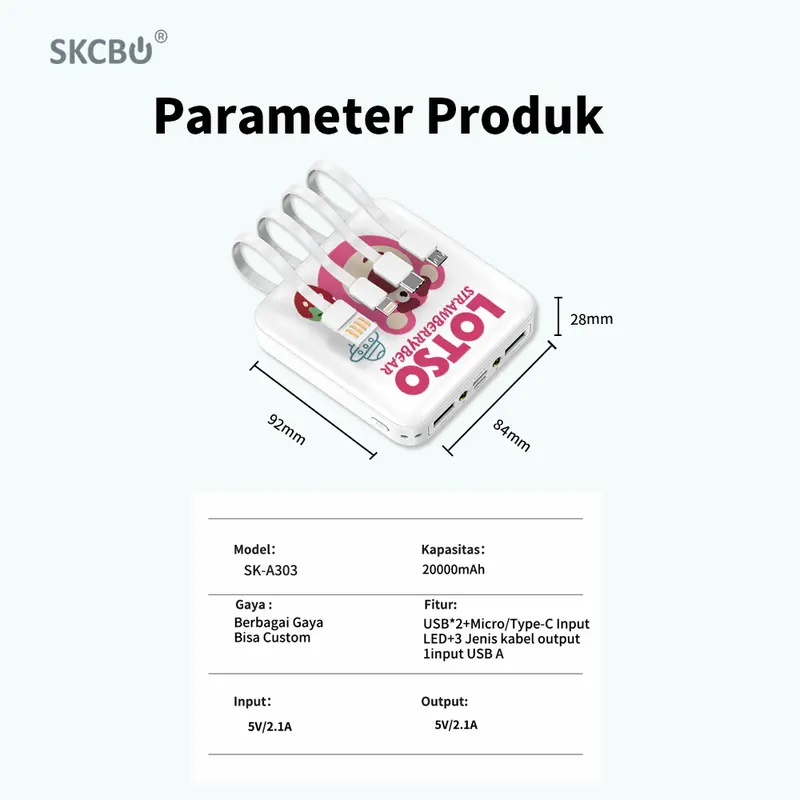 SKCBO Powerbank Custom 20000mah LED Kustom Power Bank built in cable Murah Lucu Mini Ori for iphone type-c micro 5