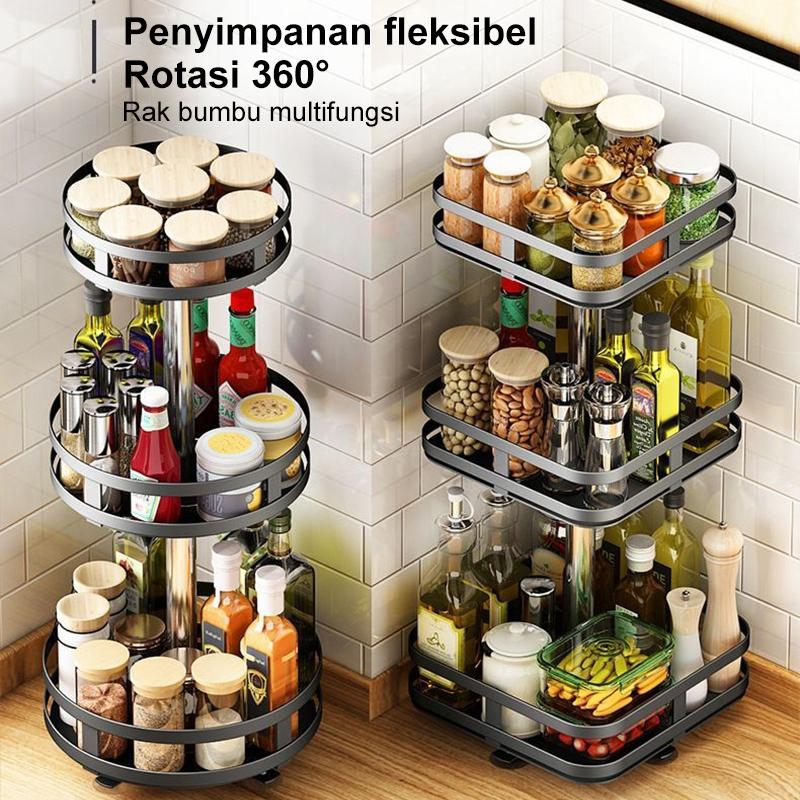 Rak Bumbu Putar Berputar 360 Derajat Rak Dapur Serbaguna Stainless Rotate Kitchen Spice Rack Organizer Rak Bumbu Dapur 3 Susun 1