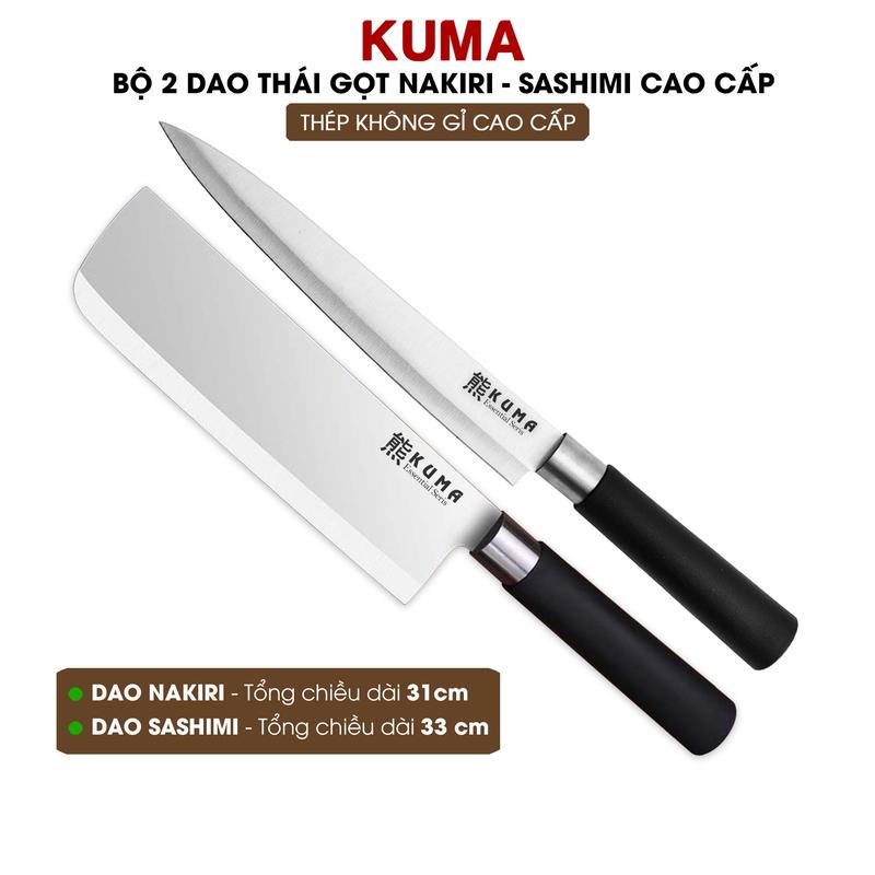 Bộ 2 Dao Thái Gọt Nakiri - Sashimi (Thép không rỉ) Dao Bếp KUMA cao cấp